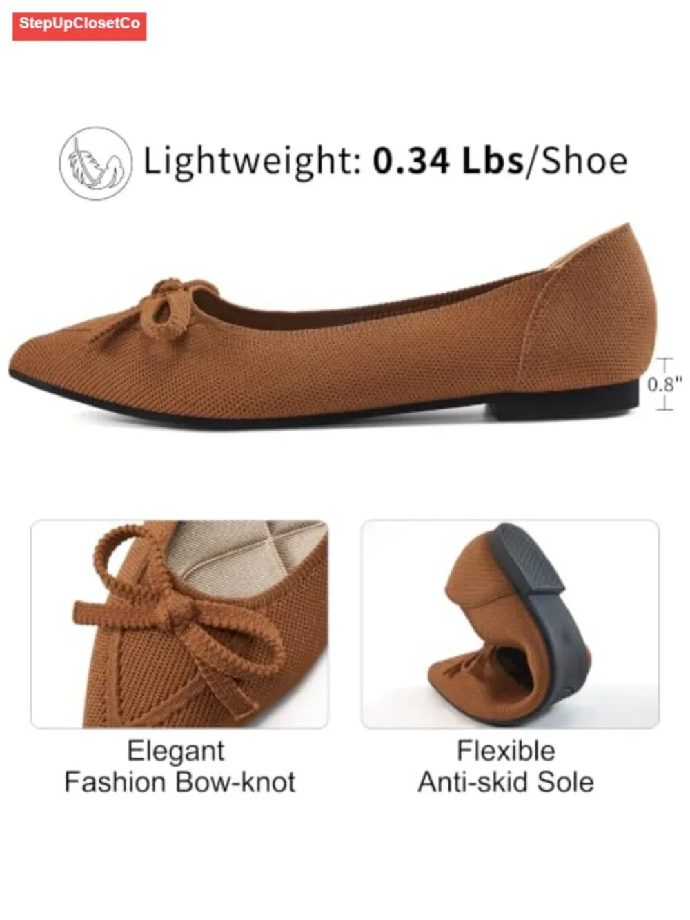 Dressy Pointed Toe Bow Knit Ballet Flats - Comfortable Memory Foam Slip On Shoes